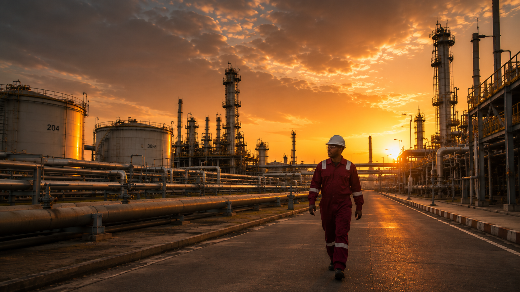 IOB Services technician walking through a refinery at sunset